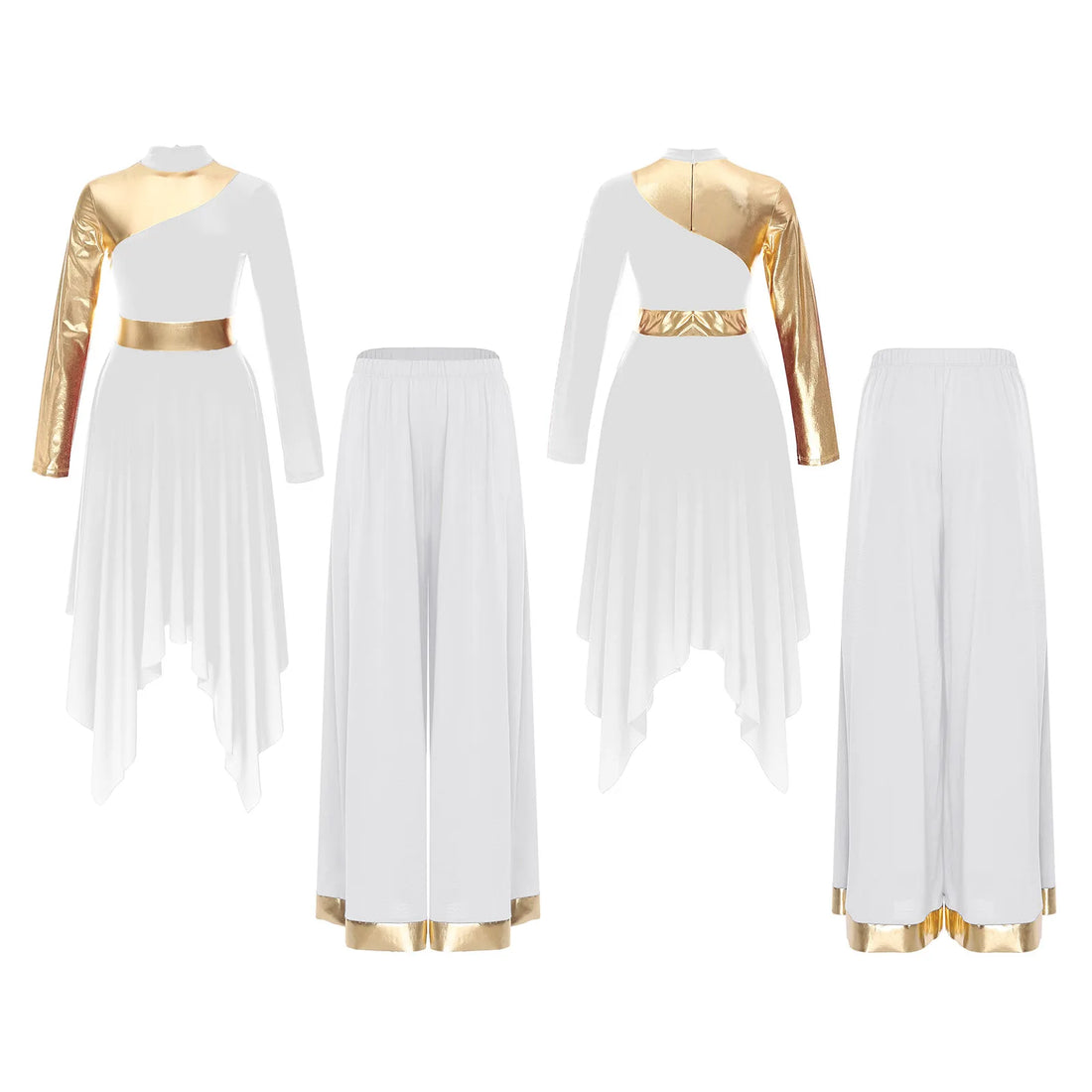 Worship Praise Dance Costume for Women Ballroom Lyrical Dancewear Long Sleeve Asymmetrical Hem Dress and Wide Leg Pants Sets