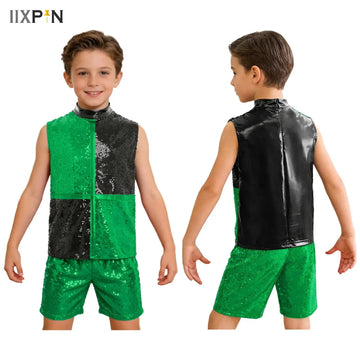 Children Dance Sequin Costumes Modern Hip Hop Jazz Dance Street Dance Performance Suit Boys And Girls Sequin Tops And Shorts Set