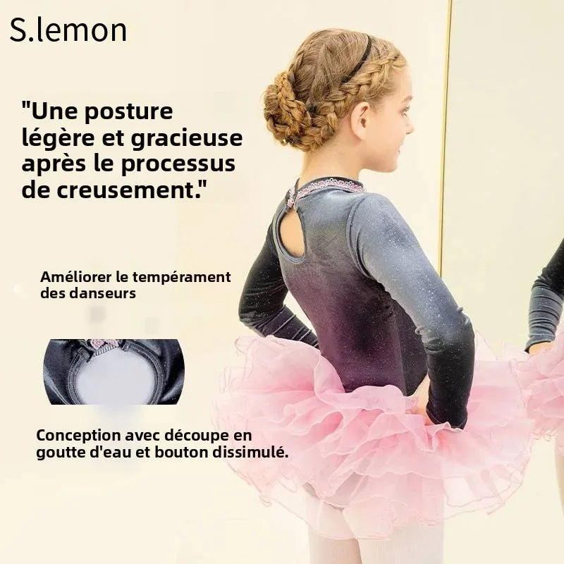 S.lemon Girls Long Sleeve Starry Sky Velvet Dance Leotard Warm Chinese Dance & Ballet Outfit Gymnastics Performance Bodysuit