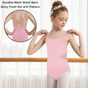 Girls Ballet Camisole Leotard for girl Gymnastic Dance Soft Chest Lining with Mesh Waist Back and Shiny Front Hot drill Pattern