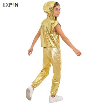 Girls Jazz Hip Hop Dance Stage Performance Costume Outfits Shiny Metallic Hooded Vest Top And Pants Suit For Dancewear