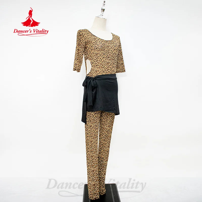 Belly Dance Practice clothes for Women's Sexy Leopard Pattern Bodysuit+Black Hip Scarf Adult Oriental Dance Modern Dance Costume