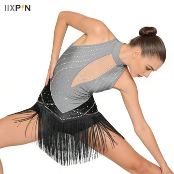 Womens Fringed Dance Leotard Dress Glittery Rhinestones Color Blocking Tassel Bodysuit Dresses Figure Skating Ballet Dancewear