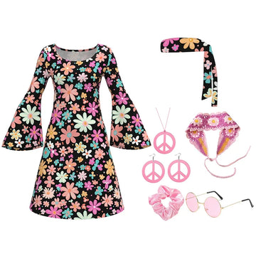 7 Piece Disco Outfit  Hippie Costume Women  Flower Pattern Retro Style Clothes Dress Peace Sign Accessories Jewelry Halloween