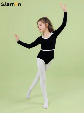 S.lemon Kids Ballet Leotard Bow Decoration Cotton Spandex Girls Long Sleeve Back Cutout Dance Unitard