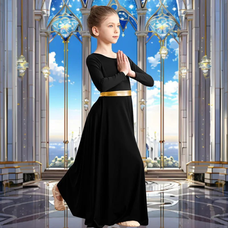 Girls's Praise Dance Dress Long Sleeve Loose Fit Church Dancewear Metallic Full Length Liturgical Worship Costume Dance Dress