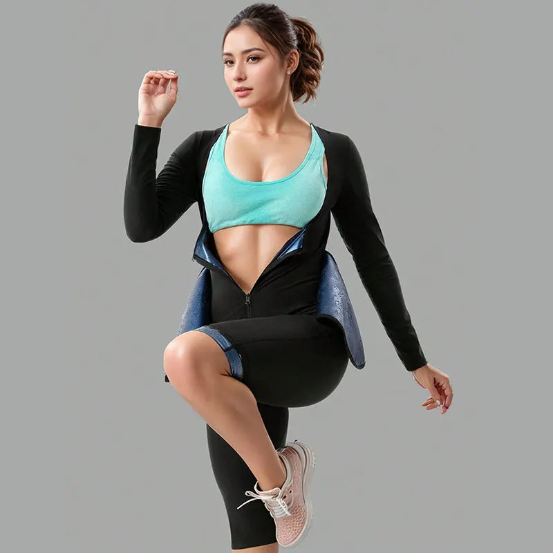 Women's Full Body 4-In-1 Sauna Sweat Suits Long Sleeved Shorts Slimming Jumpsuits Weight Loss Slimming Shaper Waist Trainer