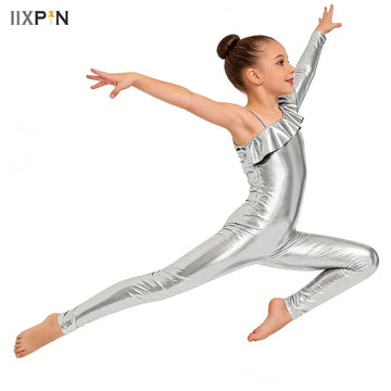 Kids Girls Ruffle Metallic Rhythmic Gymnastics Jumpsuit One Piece Long Sleeves Full Body Ballet Dance Leotard Shiny Body Suit