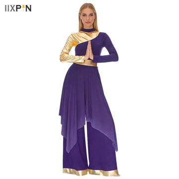Worship Praise Dance Costume for Women Ballroom Lyrical Dancewear Long Sleeve Asymmetrical Hem Dress and Wide Leg Pants Sets