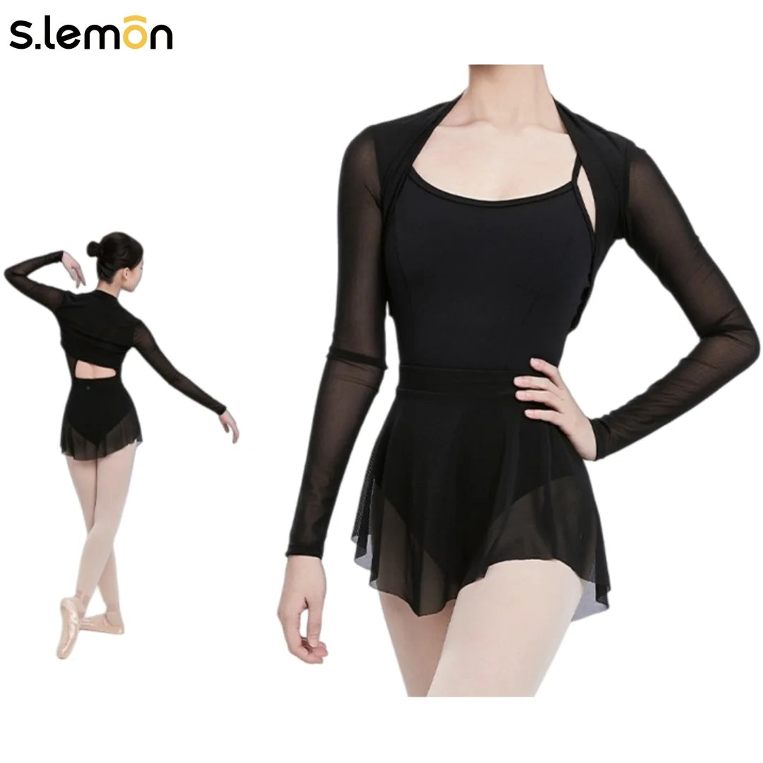 S.lemon Women Adult Ballet Practice Wear Mesh Long Sleeve Shawl Coat Slim Short Dance Cover Up