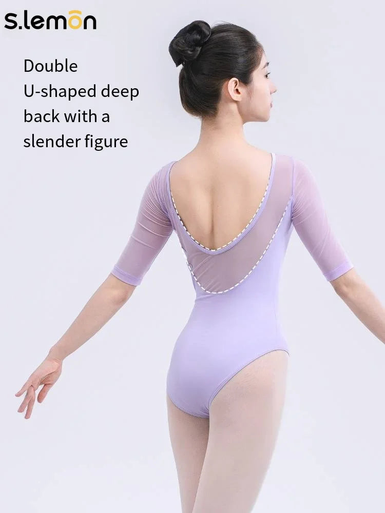 S.lemon Girls Lace Ballet Leotards Adult Ballerina Short Sleeve Square Neck Dance Bodysuit Cutout Backless Top for Kids Women