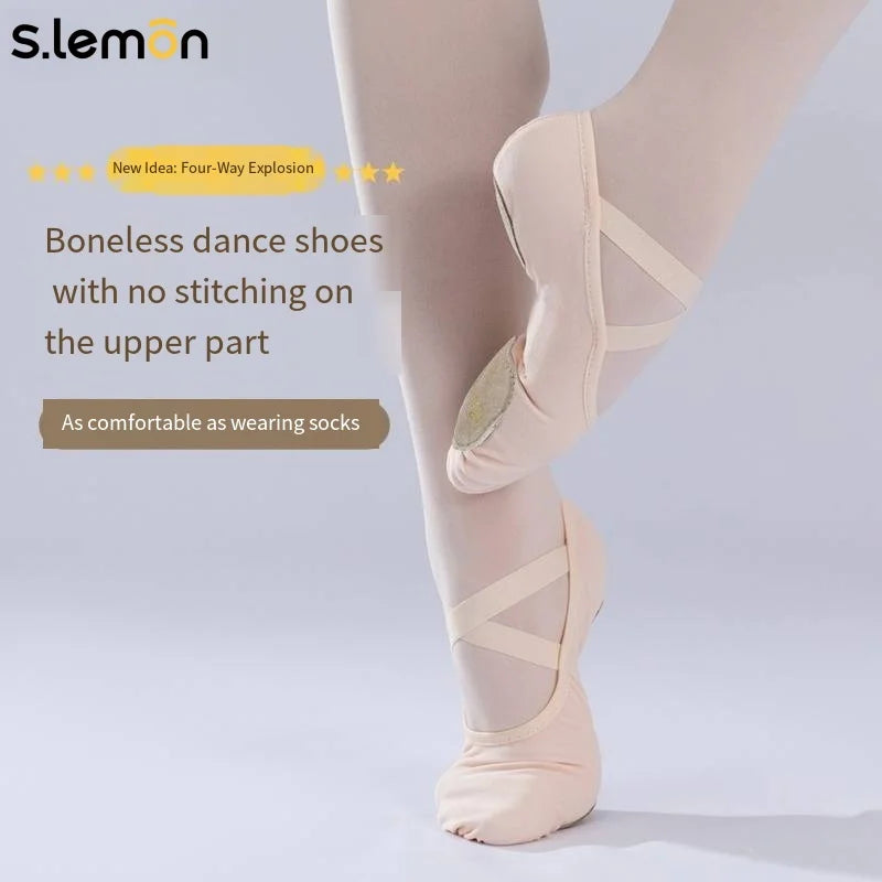 S.lemon Full Sole Ballet Shoes Pink Four-Way Stretch Cow Suede Soft Shoes for Women Kids Chinese Dance Body Shaping
