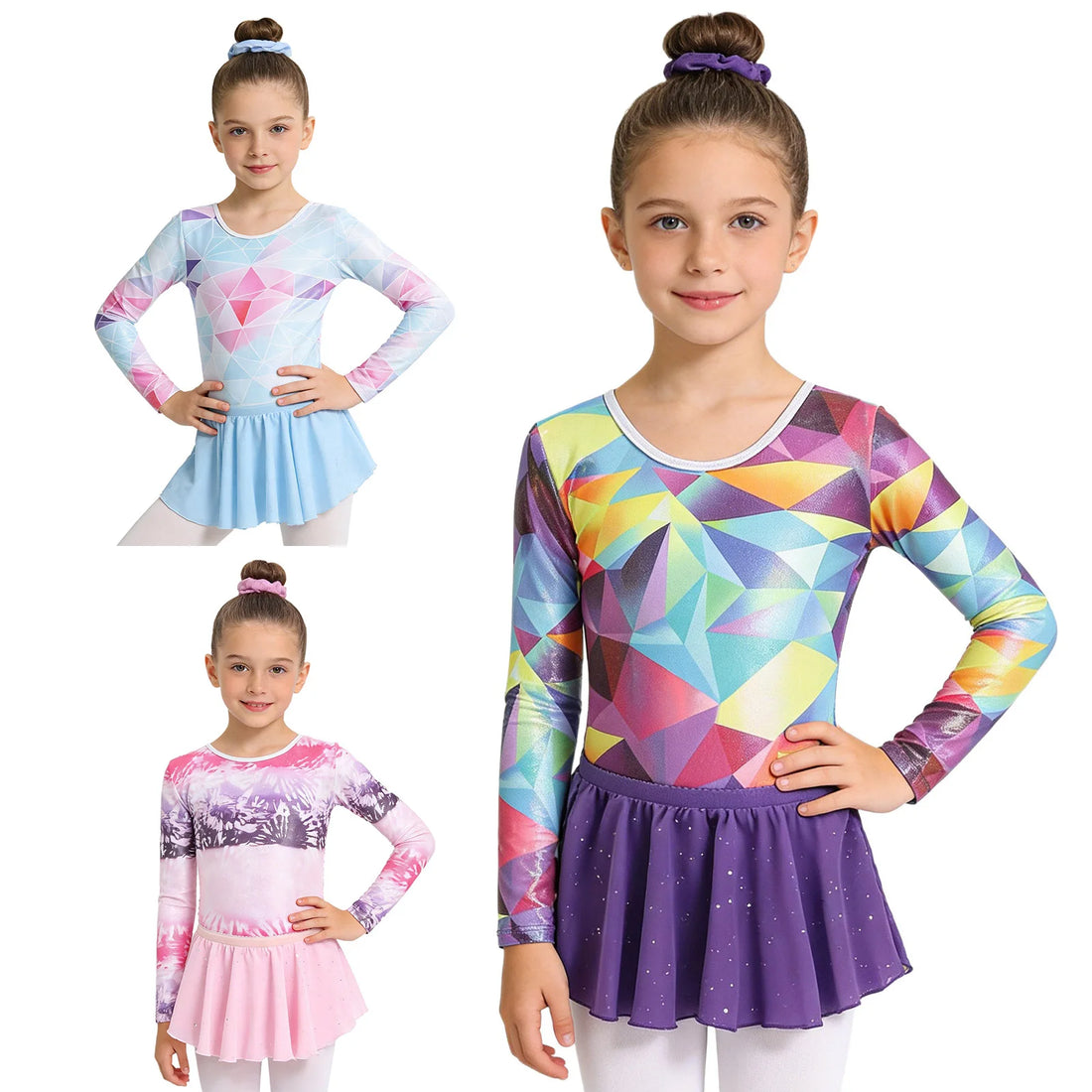 Kids Girls Long Sleeve Patchwork Print Rhinestones Ballet Stage Bodysuit Lyrical Mesh Gymnastics Ballet Dance Leotard+Skirts