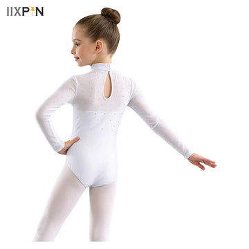 Kids Girls Gymnastics Ballet Dance Leotard Sheer Mesh Long Sleeves Sparkling Rhinestones Bodysuit Ballerina Practice Dancewear