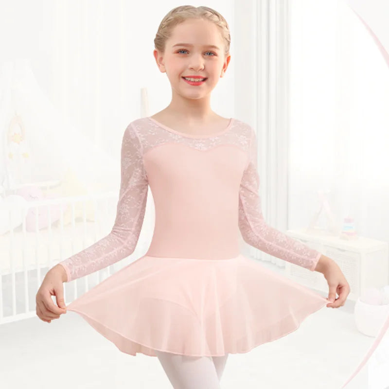 Girls Lace Long Sleeves Ballet Dress Dance Leotards for kid Gymnastic Dance Tops with Mesh Skirt and Soft Lining Bodysuits