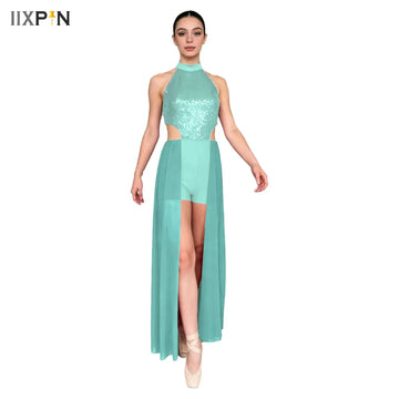 Womens Modern Lyrical Dance Dress Ballet Figure Skating Artistic Gymnastics Stage Performance Costume Sequins Leotard Dancewear