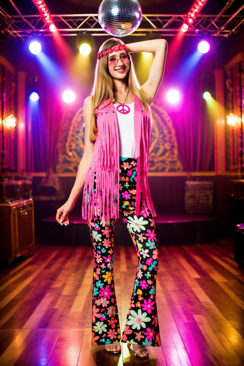  60s 70s Outfits for Women Hippie Costume Set Boho Flared Pants Fringe Vest Peace Sign Accessories Set Halloween Set