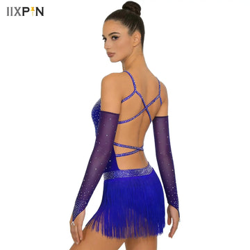 Womens Tango Latin Dance Leotard Dress Sheer Mesh Tassel Bodysuit with Gloves Elegant Latin Dress for Ballroom Dance Performance