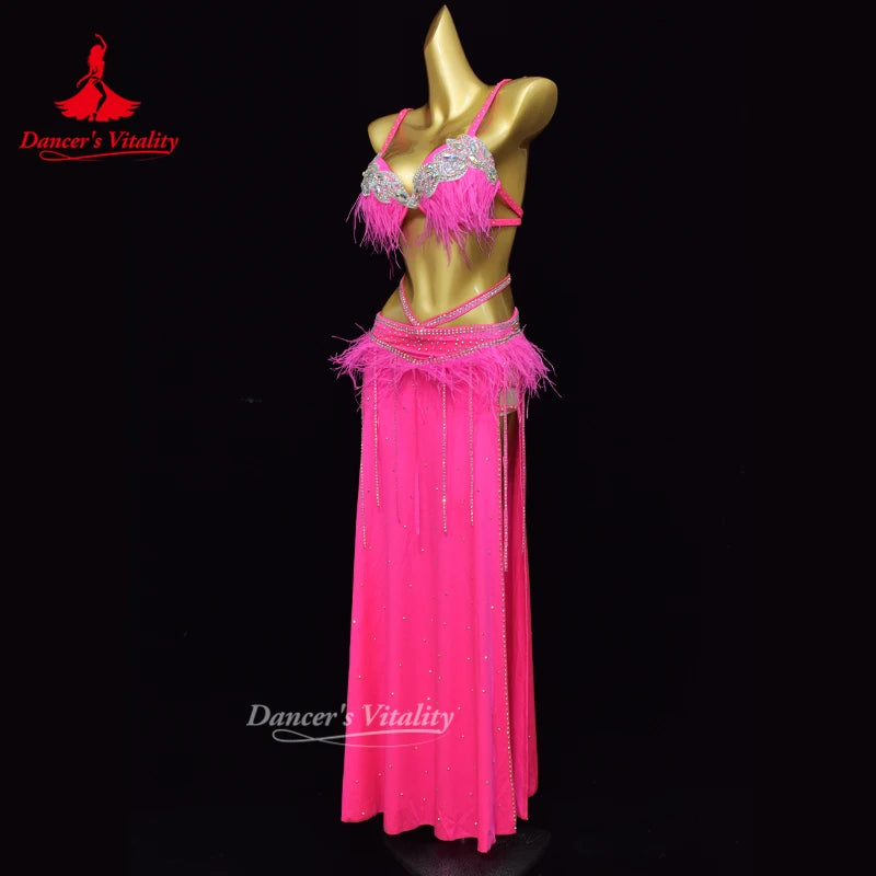Belly Dance Suit Women's Senior AB Stones Bra+Feather Tassel Long Skirt 2pcs Oriental Dance Performance Outfit Dancer's Vitality