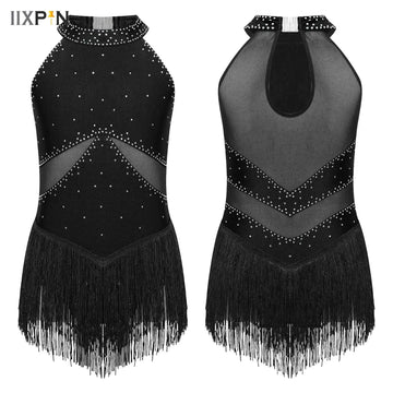 Kids Girls Fringed Latin Jazz Dance Leotard Dress Rhinestones Sheer Mesh Patchwork Tassel Bodysuit Ballroom Party Gown Costume