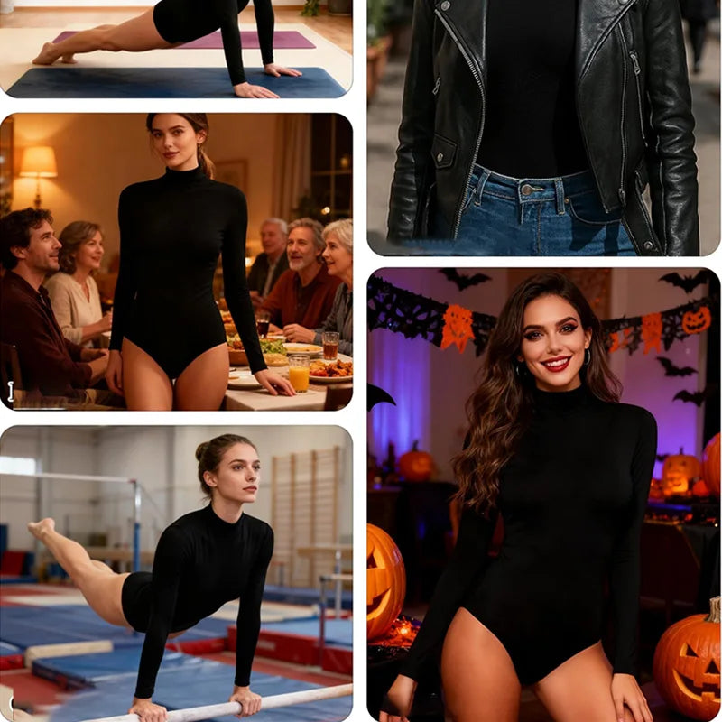 Women's Turtleneck Long Sleeve Ballet Dance Leotards for adult Gymnastics Dance Tops with Back Zip and Soft Crotch Dancewears