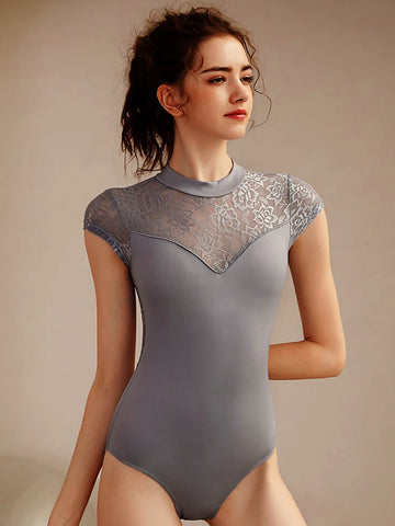 Adult Women's High-Necked Lace Splice Ballet Leotard Gymnastics Bodysuit Dance Costume - Dance Wear Body Suit