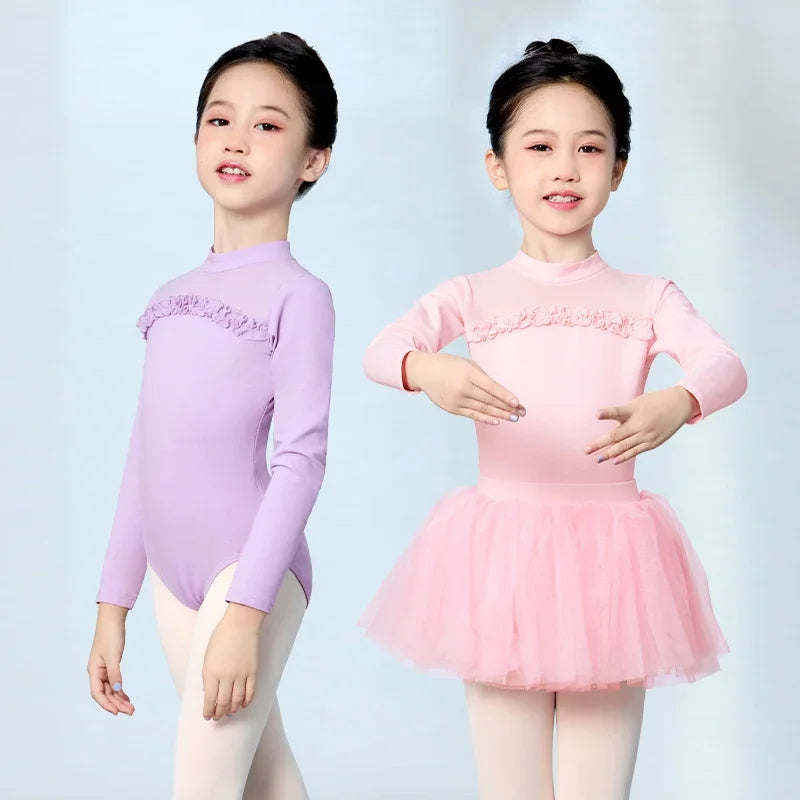 Kid Girl Ballet Leotards Lone Sleeves Dance Selvedge Top Teen Kids Gymnastics Mesh Splice Dance Leotards Bodysuit