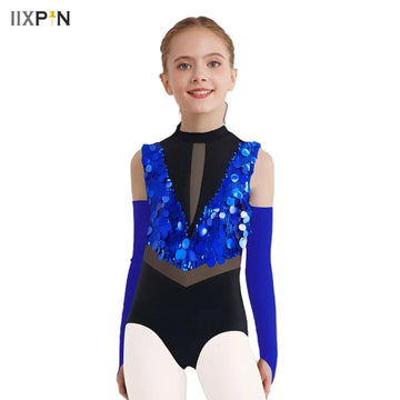 Kids Girls Sequins Jazz Latin Dance Leotard Gymnastics Jersey Performance Outfit Sleeveless Cutout Color Block Bodysuit+Gloves