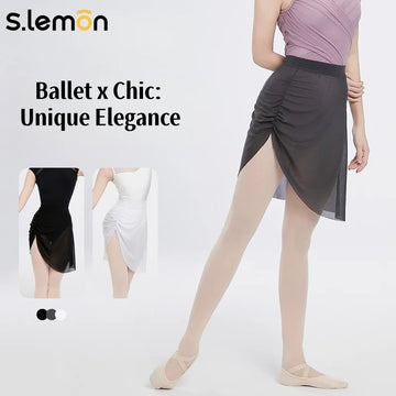 S.lemon Women's Ballet Dance Skirt - Asymmetric Ruched Midi Skirt with Stretch Mesh Fabric for Practice & Performance