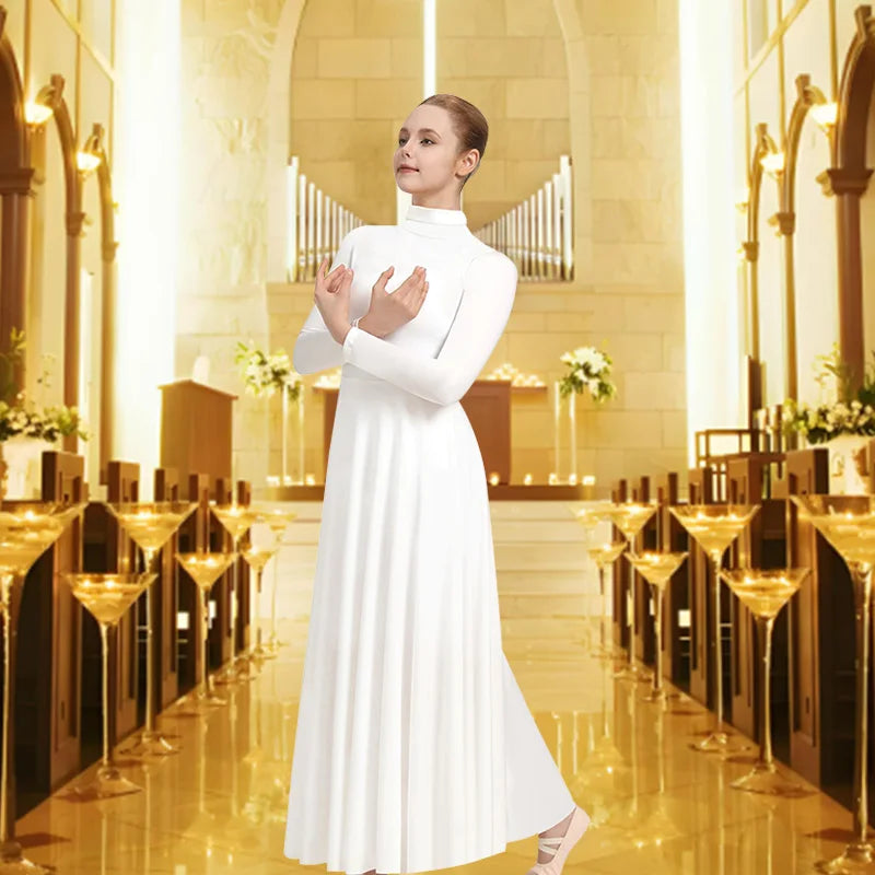 Women's Long Sleeve Praise Dance Dress for adult Worship Liturgical Classical Sets with High Neck and No Crotch Praise Dancewear
