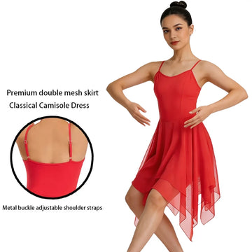 Women Modern Lyrical Dress Camisole Dance Costume Ballet Asymmetric High-Low Mesh Skirted Sleeveless Leotard Gymnastic Dancewear