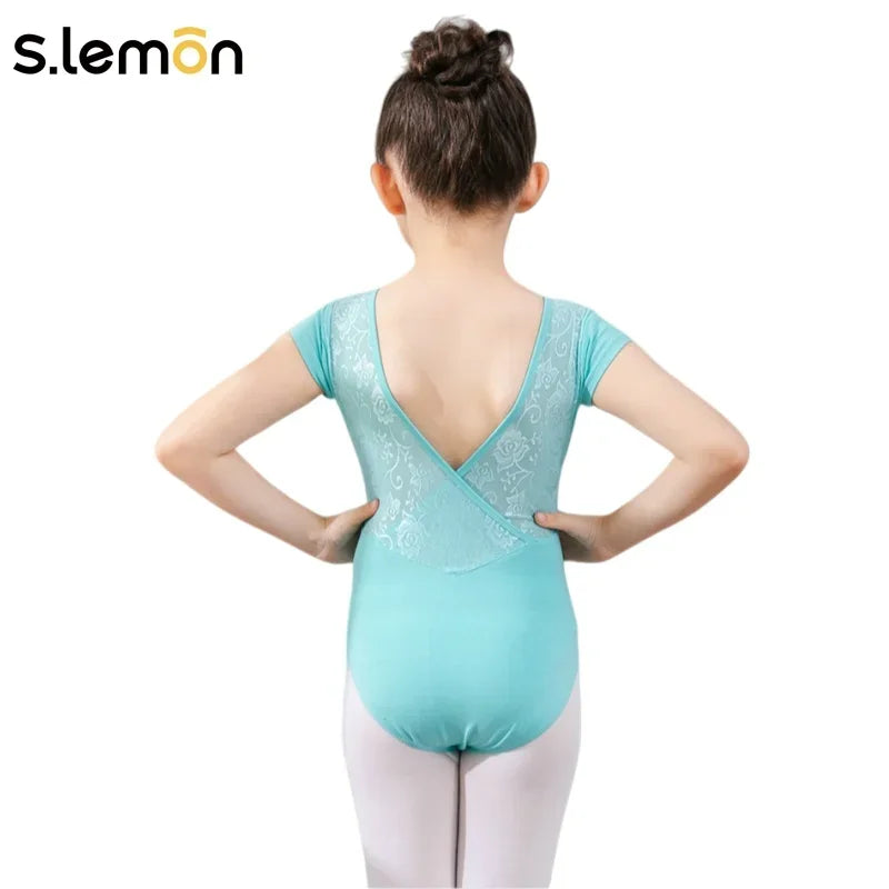 S.lemon Girls Ballet Leotard Summer Short Sleeve Lace V-Back Gymnastics Dance Practice Bodysuit
