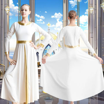Women's Praise Dance Dress Long Sleeve Loose Fit Church Dancewear Metallic Full Length Liturgical Worship Costume Dance Dress