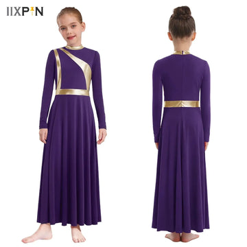 Kids Girls Praise Lyrical Dance Performance Costume Metallic Shiny Church Christian Worship Tunic Robe Dress Ballet Dancewear