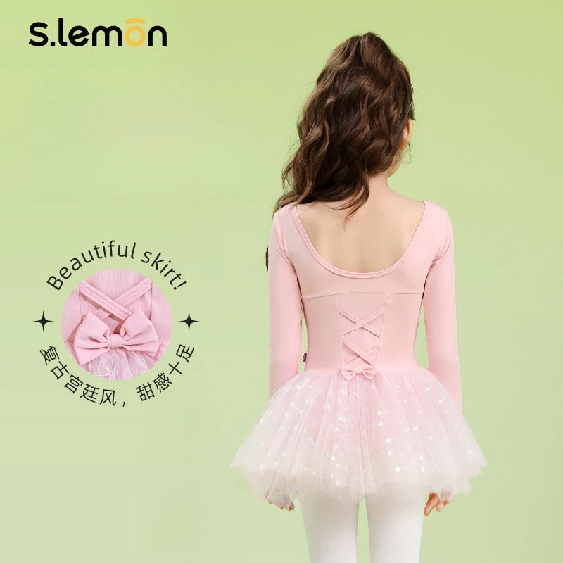 Girls Ballet Leotard Long Sleeve with Star Mesh Skirt – Kids One-Piece Dance Bodysuit