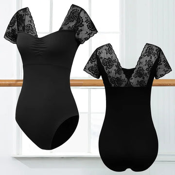 Women's Lace Short Sleeve Ballet Dance Leotards for Adult Gymnastics Dance Tops with Lace Hollow Back and Soft Lining Dancewear
