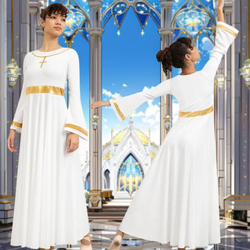Women's Long Sleeve Loose Fit Full Length Praise Moden Dance Dress for Adult Worship Liturgical Metallic Costume Dance Dress