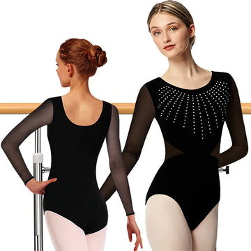 Women's Mesh Long Sleeve Ballet Dance Leotards for adult Gymnastics Dance Tops with Shiny Hot Dill and Soft Lining Dancewear