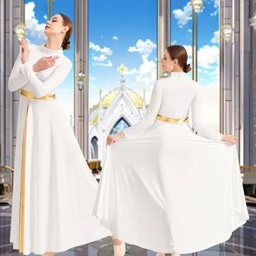 Women's Long Sleeve Praise Dance Dress for Adult Worship Liturgical Church Robe with Fold High Neck and Flared Swing Skirts