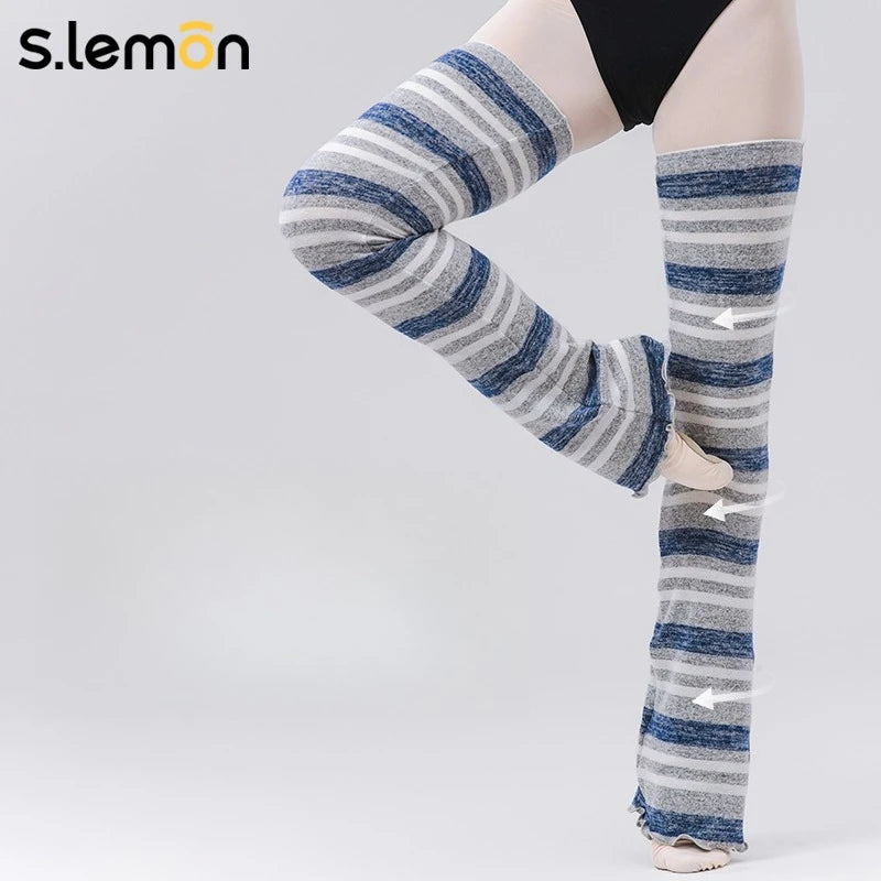 S.lemon Ballet Dance Socks – Non-Slip Sole Adults Gray Blue Retro Striped Ruffled Hem Non-Slip Dance Practice Socks