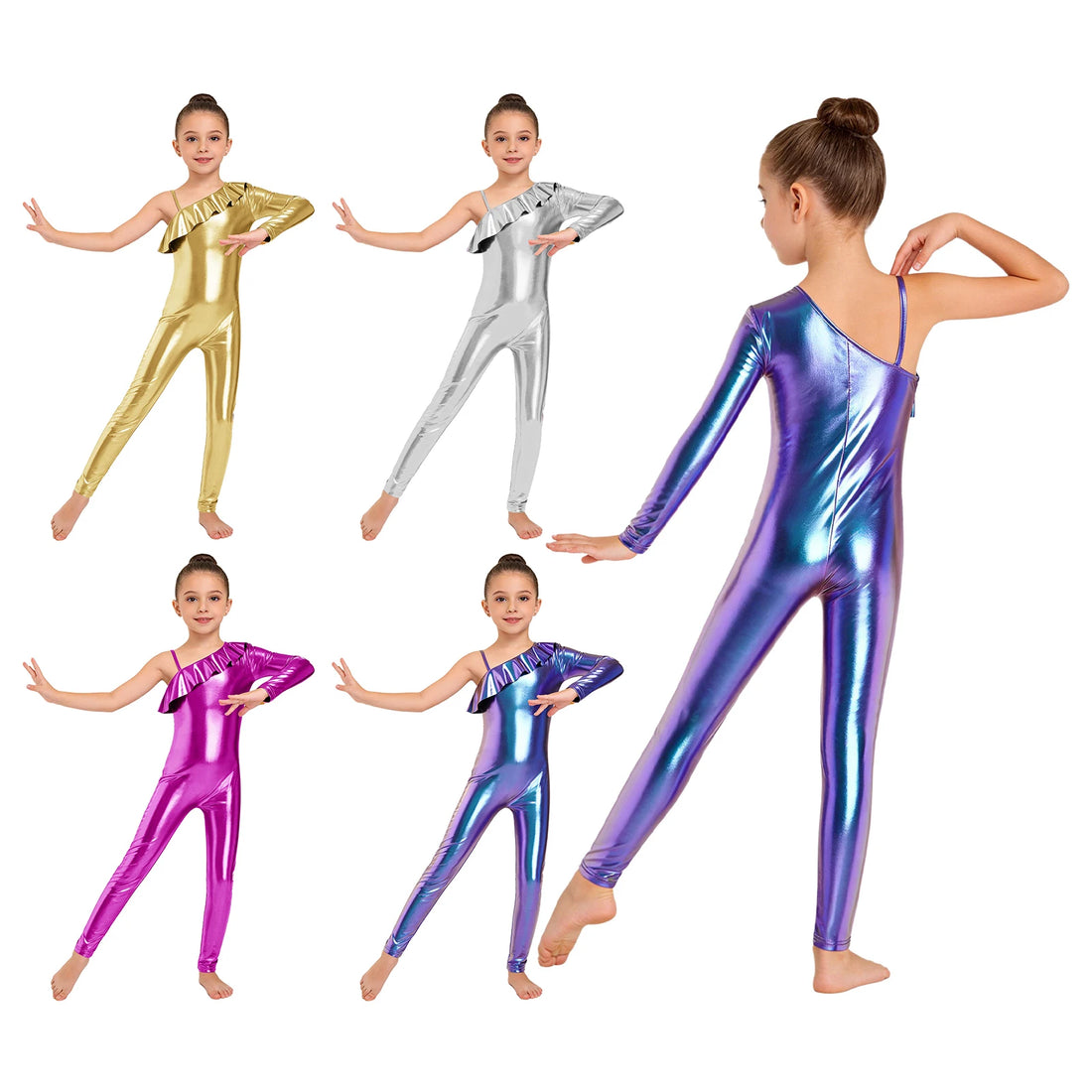 Kids Girls Ruffle Metallic Rhythmic Gymnastics Jumpsuit One Piece Long Sleeves Full Body Ballet Dance Leotard Shiny Body Suit