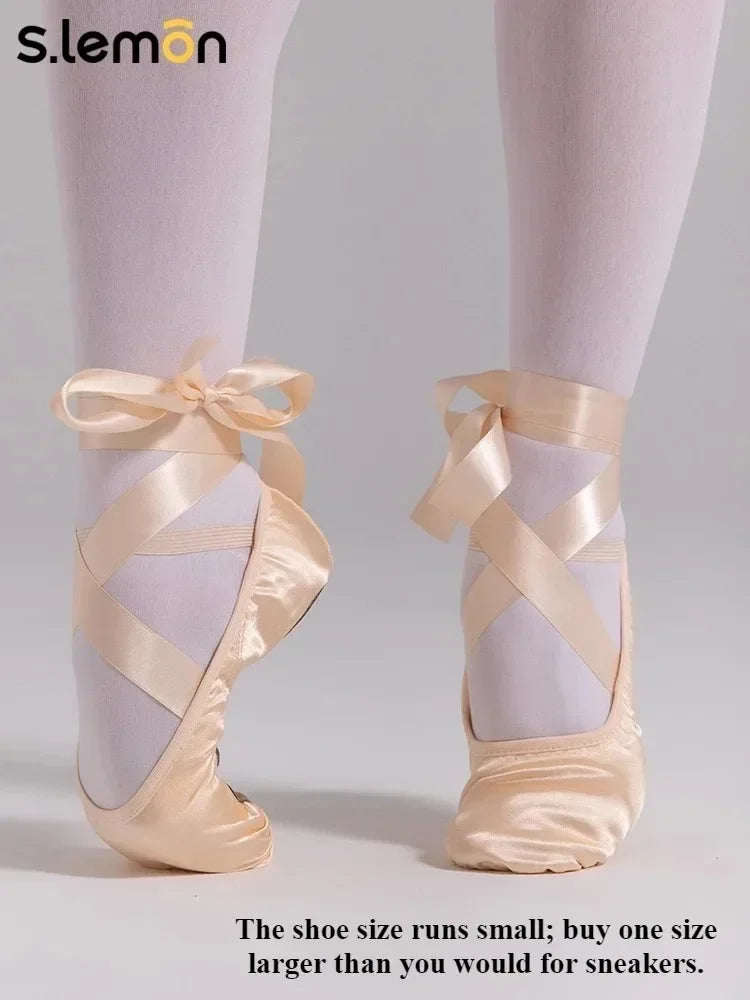 S.lemon Women Satin Ballet Shoes with Ribbon Ties Blush Pink Professional Dance Shoes