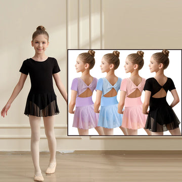 Girls Short Sleeve Ballet Leotard Girls Mesh Dance Leotard with Skirt  Back Bow Knot Dancewear Kids Back to School Clothes