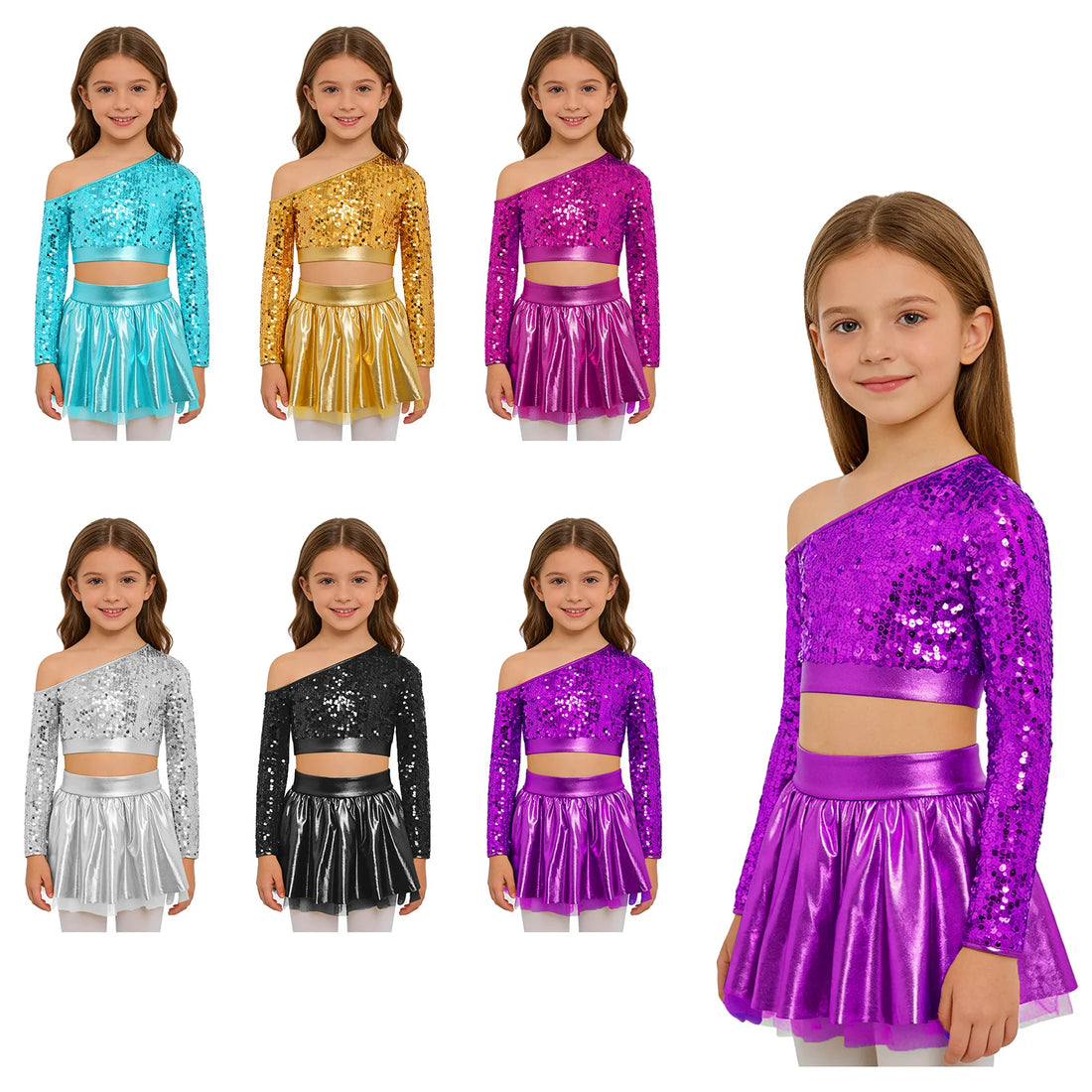 Kids Girls Hip Hop Jazz Dance Set Cheerleading Performance Costume Shiny Long Sleeve Sequin Crop Top with Tutu Skirt Dancewear