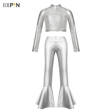 Kids Girls Sequins Hip Hop Dance Sets Long Sleeve Metallic Crop Top with Flare Pants for Jazz Ballroom Latin Performance Costume