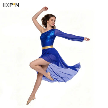 Women Modern Dance Dress Liturgical Worship Praise Dance Dress Glittery Bodice Gradient Mesh Irregular Hem Ballet Lyrical Dress