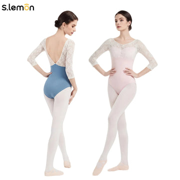 Women's Lace Ballet Leotard 3/4 Sleeve V-Neck Open Back Gymnastics Bodysuit for Dance Training