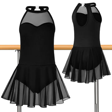 Girls Halter Sleeveless Dress Ballet Dance Leotards for kid Gymnastics Dance Skirts with Water-drop Back and Soft Lining Dress