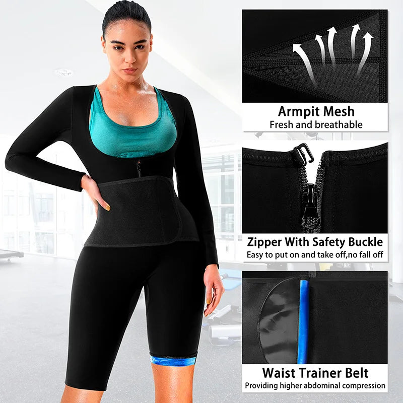 Women Sauna Sweat Suits Long Sleeve Shorts for adult Weight Loss Full Body Shaper Compression Sets with Crotch Armpit Breathable