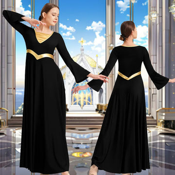Women Metallic Block Long Sleeve Dance Dress for Adult Worship Liturgical Praise Costumes with No Crotch and Flared Swing Skirts